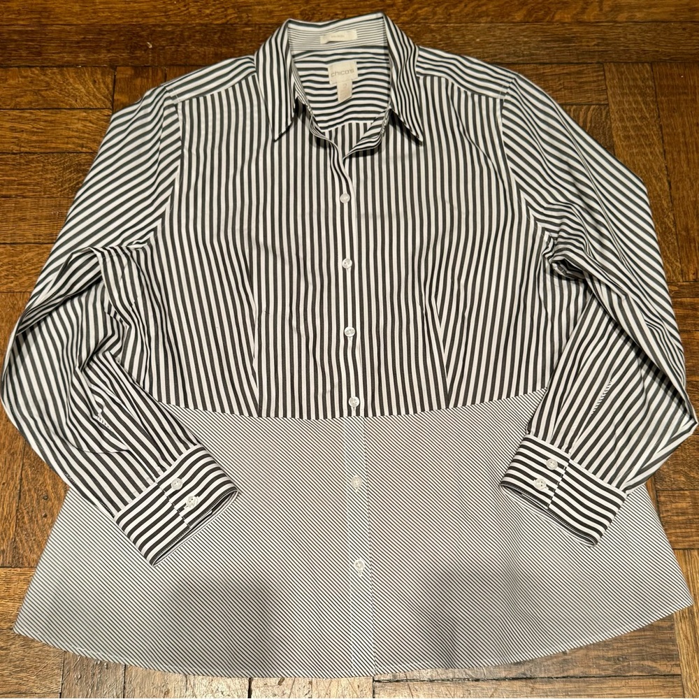 Chico’s No-Iron 100% Cotton Striped Long Sleeve Button Down Shirt SZ 2 (Medium)